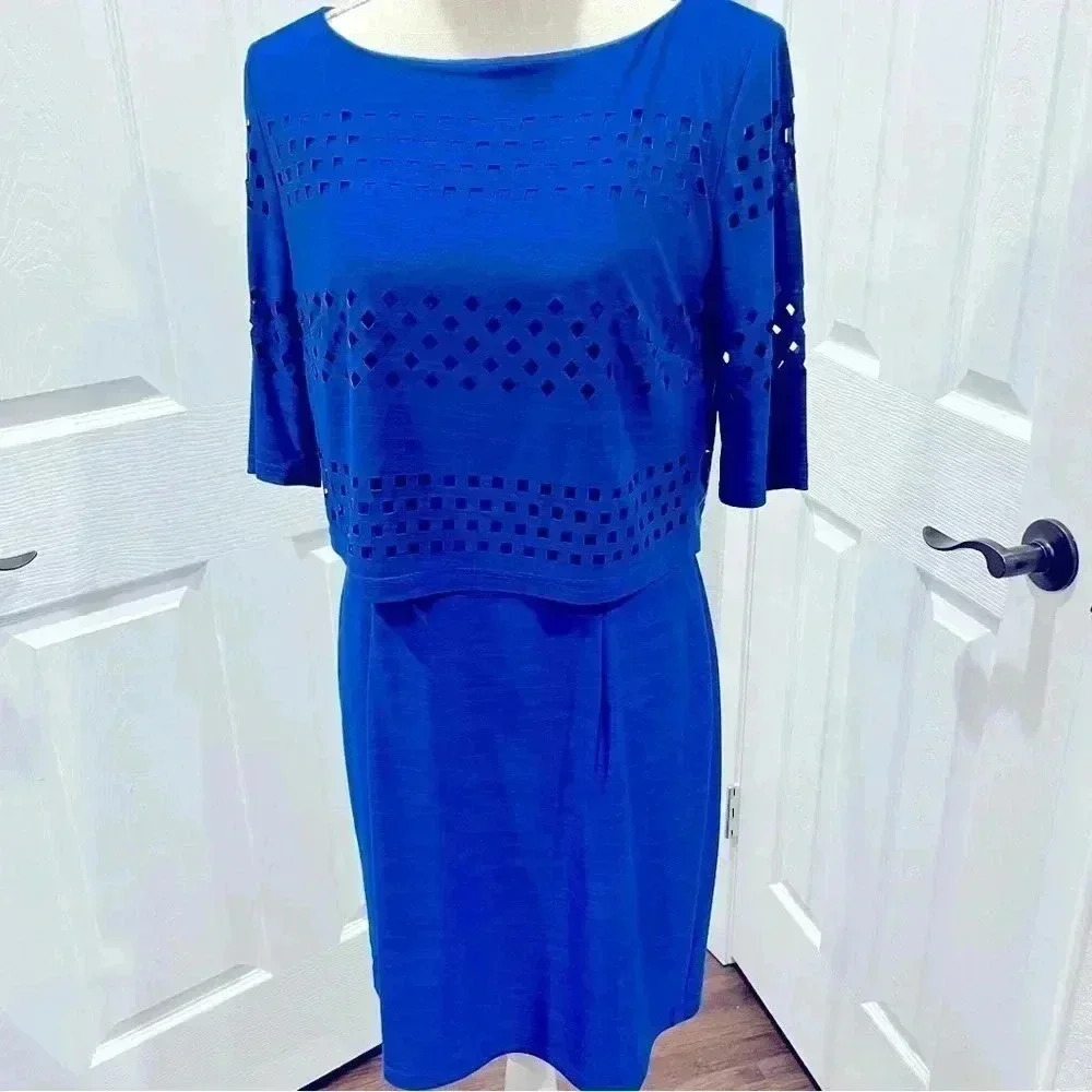 Tahari ASL dark cobalt blue lined with cut outs flattering style
